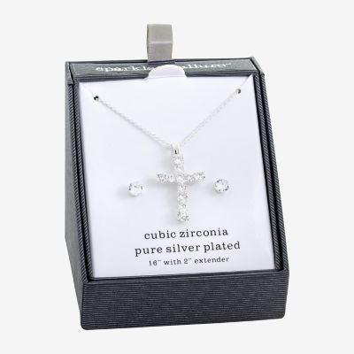 Sparkle Allure 2-pc. Cubic Zirconia Pure Silver Over Brass Cross Jewelry Set