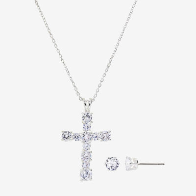 Sparkle Allure 2-pc. Cubic Zirconia Pure Silver Over Brass Cross Jewelry Set