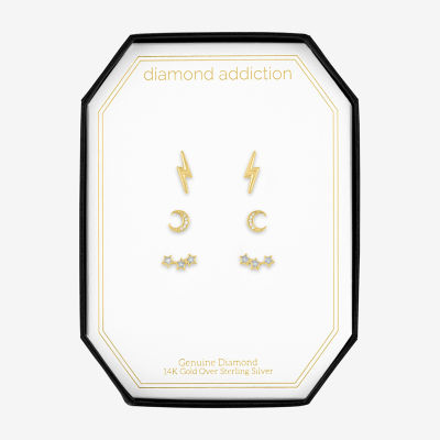 Diamond Addiction Genuine White Diamond 14K Gold Over Silver LIghtning Bolt Moon Star 3 Pair Earring Set