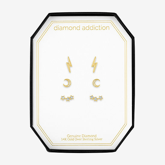 Diamond Addiction Genuine White Diamond 14K Gold Over Silver LIghtning Bolt Moon Star 3 Pair Earring Set