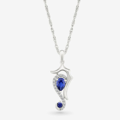 Sea Horse Womens Lab Created Blue Sapphire Sterling Silver Pendant Necklace