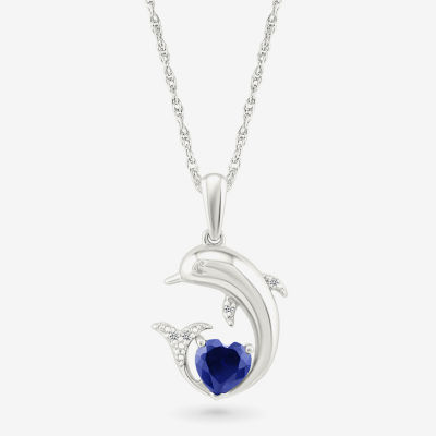 Dolphin Womens Diamond Accent Lab Created Blue Sapphire Sterling Silver Pendant Necklace