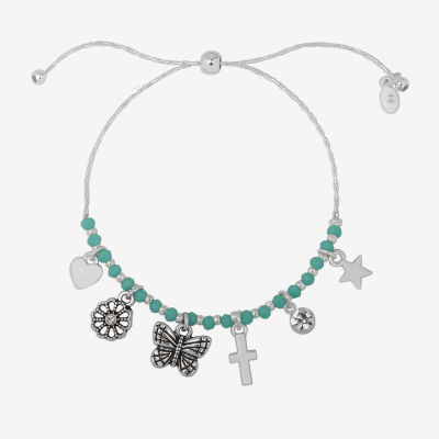 Bijoux Bar Delicates Silver Tone Glass Link Butterfly Charm Bracelet