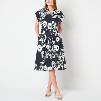 Studio 1 Womens Short Sleeve Floral Midi Shirt Dress
