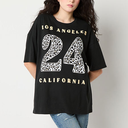 Arizona Womens Crew Neck Short Sleeve Oversized Juniors Graphic T-Shirt, Large, Black