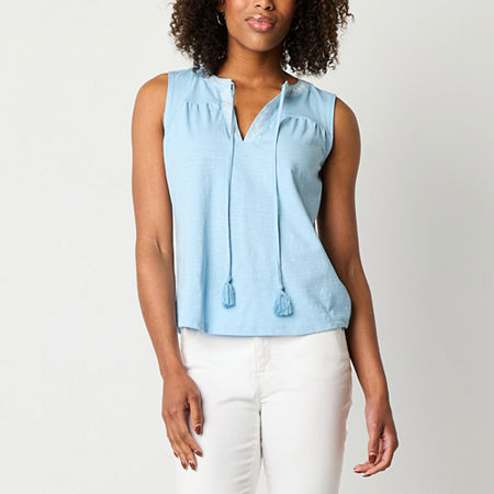 St. John's Bay Womens V Neck Sleeveless Blouse, Medium, Blue