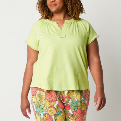 St. John's Bay Womens Plus Split Crew Neck Short Sleeve Tank Top