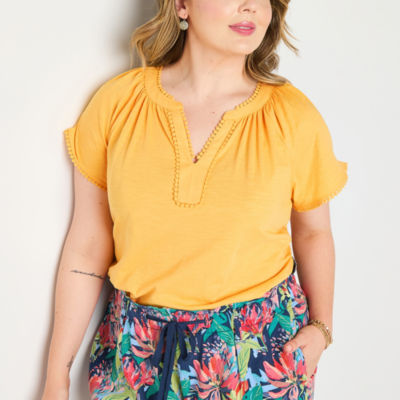 St. John's Bay Womens Plus Split Crew Neck Short Sleeve T-Shirt