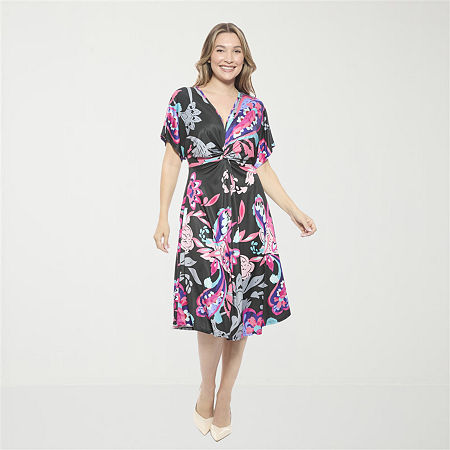 24seven Comfort Apparel Womens Short Sleeve Paisley Midi Wrap Dress, Small, Black