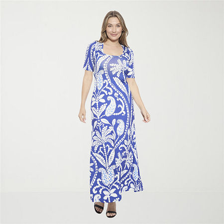 24seven Comfort Apparel Womens Scoop Neck Elbow Sleeve Maxi Dress
