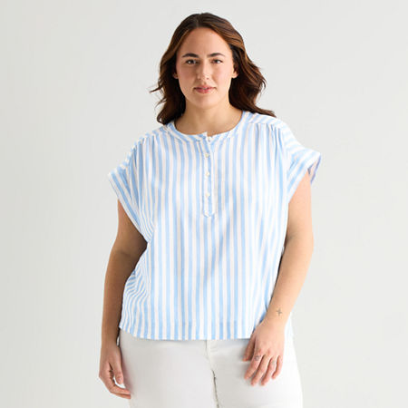 St. John's Bay Womens Plus Round Neck Short Sleeve Blouse, 3x, Blue