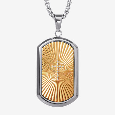 Shaquille O'Neal XLG Mens White Cubic Zirconia Stainless Steel Cross Dog Tag 22 Inch Pendant Necklace