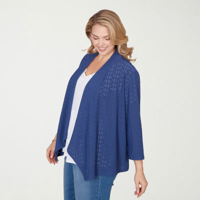 Hearts Of Palm Open Front Eyetely Womens Plus 3/4 Sleeve Cardigan