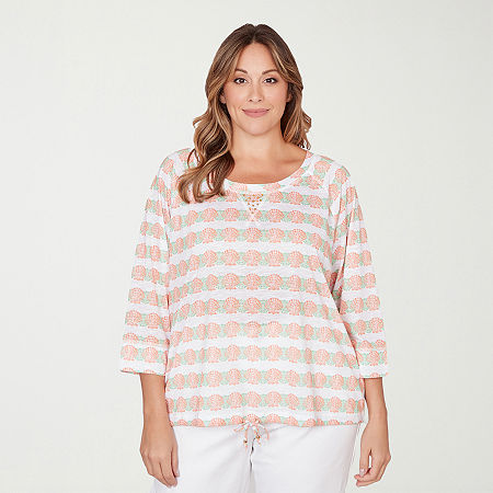 Hearts Of Palm Raglan Striped Drawstring Womens Plus Crew Neck 3/4 Sleeve Embellished Peasant Top
