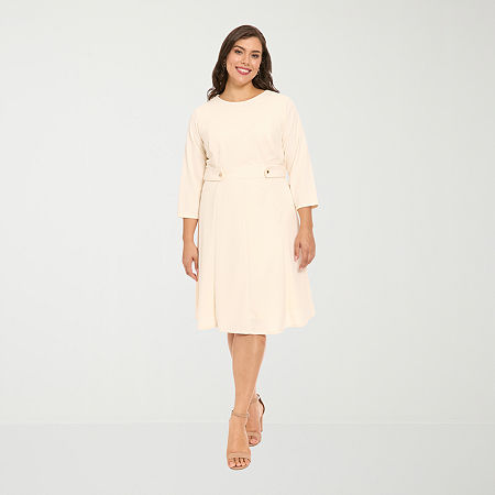 London Times Womens Plus Midi Round Neck 3/4 Sleeve Fitted Fit + Flare Dress