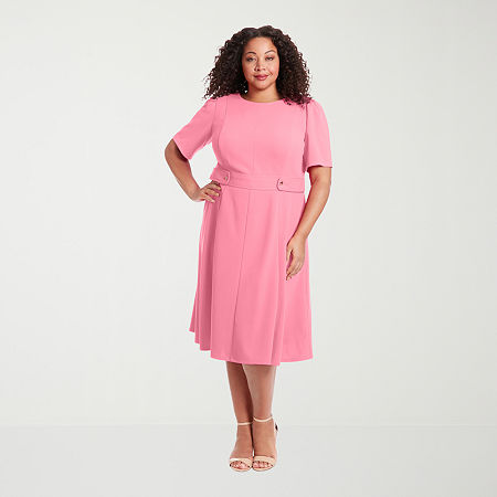 London Times Womens Plus Midi Round Neck Short Sleeve Puffed Fit + Flare Dress