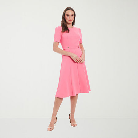 London Times Womens Petite Midi Round Neck Short Sleeve Puffed Fit + Flare Dress