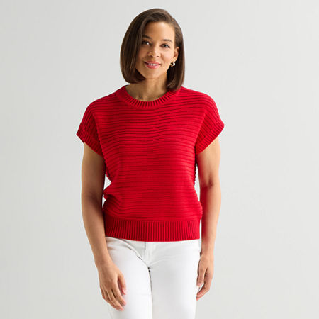 Liz Claiborne Womens Crew Neck Short Sleeve Pullover Sweater, Large, Red