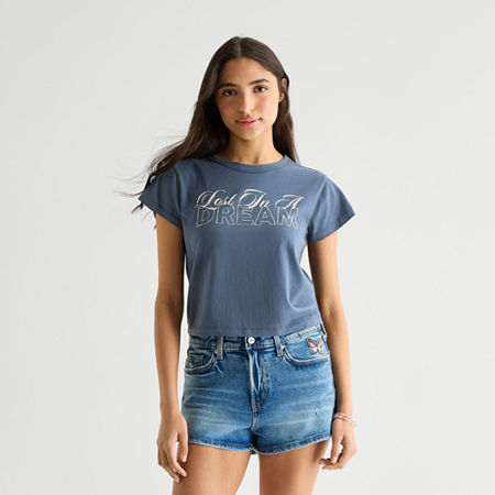 Arizona Womens Juniors Round Neck Short Sleeve Classic Fit Graphic T-shirt In Blue