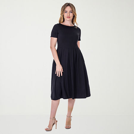 24seven Comfort Apparel Womens Short Sleeve Midi A-Line Dress, Small, Black