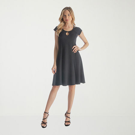 24seven Comfort Apparel Womens Keyhole Neck Short Sleeve Cap Fit + Flare Dress