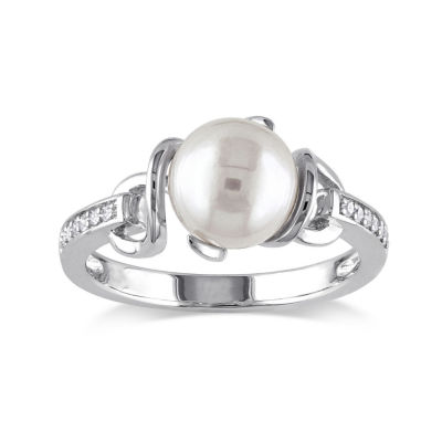 Cultured Freshwater Pearl and Diamond Accent Sterling Silver Ring ...