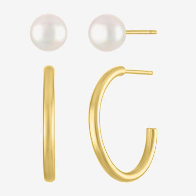 Yes, Please! White Cultured Freshwater Pearl 14K Gold Over Silver Round 2 Pair Earring Set