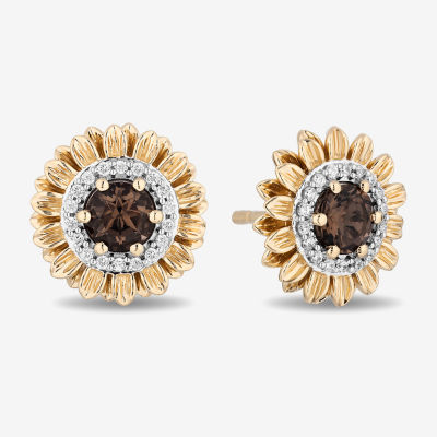 Enchanted Disney Fine Jewelry 1/10 CT. T.W. Genuine Brown Quartz 14K Gold Over Silver 11.8mm Flower Pocahontas Stud Earrings