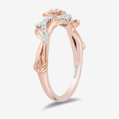 Enchanted Disney Fine Jewelry Womens 1/10 CT. T.W. Natural White Diamond 14K Rose Gold Over Silver Rapunzel Crossover Cocktail Ring