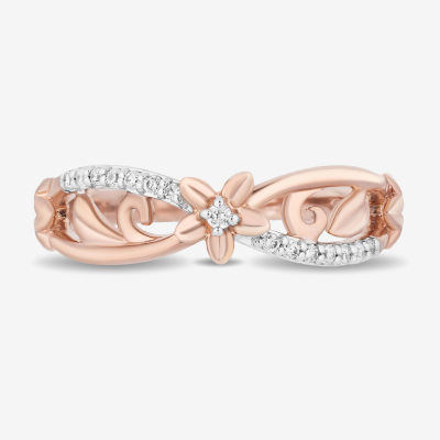 Enchanted Disney Fine Jewelry Womens 1/10 CT. T.W. Mined White Diamond 14K Rose Gold Over Silver Flower Rapunzel Bypass  Cocktail Ring