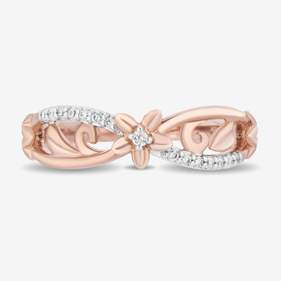 Enchanted Disney Fine Jewelry Womens 1/10 CT. T.W. Natural White Diamond 14K Rose Gold Over Silver Flower Rapunzel Bypass  Cocktail Ring