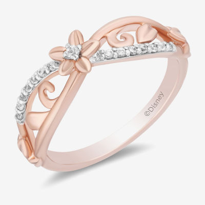 Enchanted Disney Fine Jewelry Womens 1/10 CT. T.W. Natural White Diamond 14K Rose Gold Over Silver Flower Rapunzel Bypass  Cocktail Ring