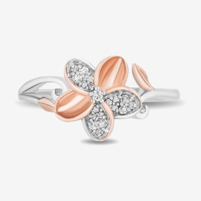 Enchanted Disney Fine Jewelry Womens 1/10 CT. T.W. Mined White Diamond 14K Rose Gold Over Silver Flower Moana Cocktail Ring