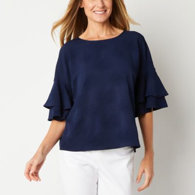 Liz Claiborne Womens Round Neck Elbow Sleeve Blouse