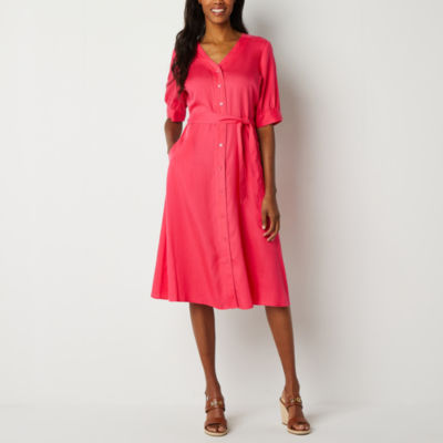 Liz Claiborne Womens Short Sleeve Midi Shirt Dress