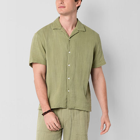 Arizona Mens Relaxed Fit Short Sleeve Button-Down Shirt, Medium, Green