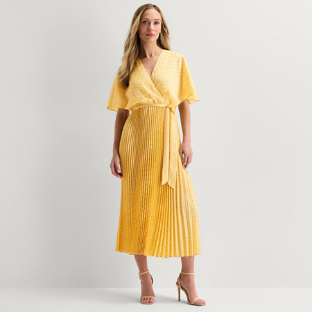 Studio 1 Womens Short Sleeve Dots Midi Fit + Flare Dress, 10, Yellow