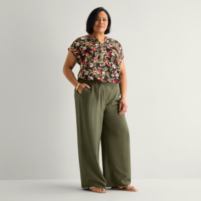 Liz Claiborne Womens Plus Wide Leg Mid Rise Pull-On Pant