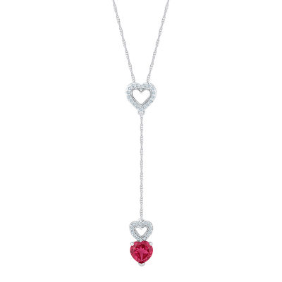 Womens Lab Created Red Ruby Sterling Silver Heart Y Necklace