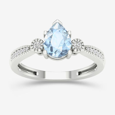 Womens Genuine Blue Aquamarine & 1/10 CT. T.W. Genuine Diamond 10K Gold Pear Cocktail Ring