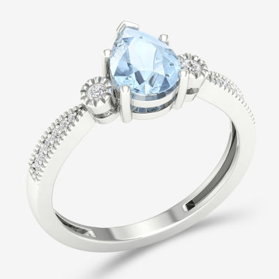 Womens Genuine Blue Aquamarine & 1/10 CT. T.W. Genuine Diamond 10K Gold Pear Cocktail Ring