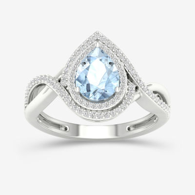 Womens Genuine Blue Aquamarine & 1/5 CT. T.W. Diamond 10K Gold Pear Cocktail Ring