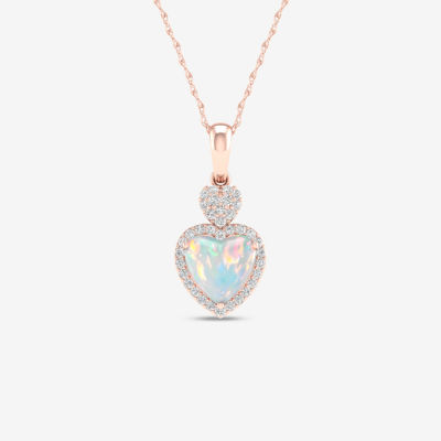 Womens Genuine Opal & 1/8 CT. T.W. Genuine Diamond 10K Gold Heart Pendant Necklace
