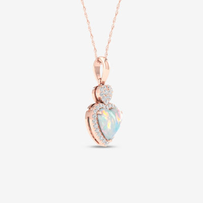 Womens Genuine Opal & 1/8 CT. T.W. Genuine Diamond 10K Gold Heart Pendant Necklace