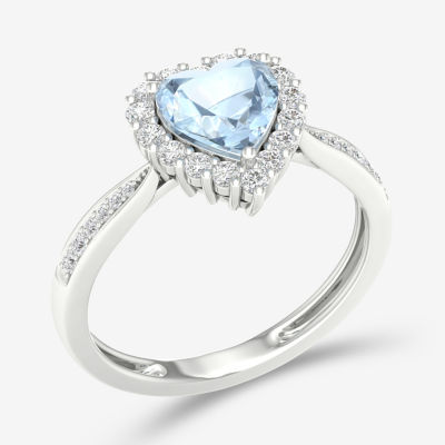 Womens Genuine Blue Aquamarine Sterling Silver Heart Cocktail Ring