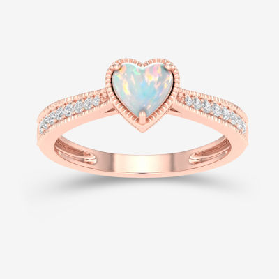 Womens Genuine White Opal & 1/ CT. T.W. Diamond 10K Gold Heart Cocktail Ring