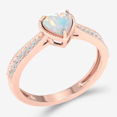 Womens Genuine White Opal & 1/ CT. T.W. Diamond 10K Gold Heart Cocktail Ring