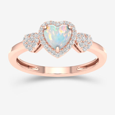 Womens Genuine White Opal & 1/6 CT. T.W. Diamond 10K Gold Heart Cocktail Ring