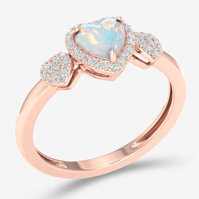 Womens Genuine White Opal & 1/6 CT. T.W. Diamond 10K Gold Heart Cocktail Ring