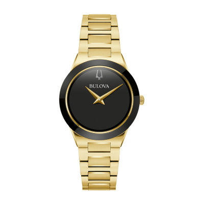 Bulova Modern Womens Gold Tone Leather Bracelet Watch 97l175
